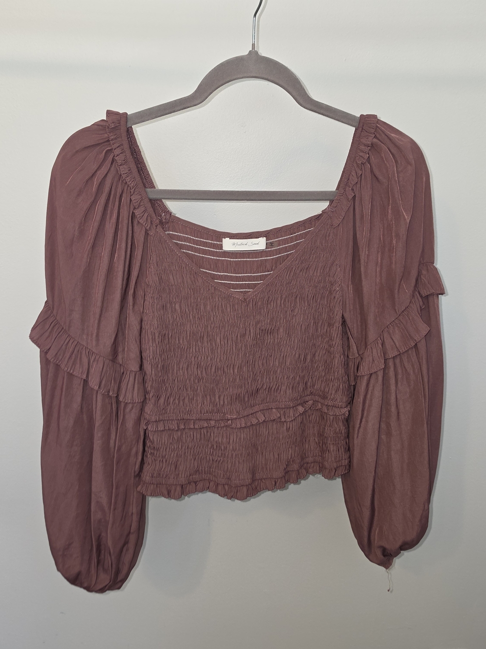 Mustard Seed burgundy blouse with ruffles and long sleeves #feminine #romantic